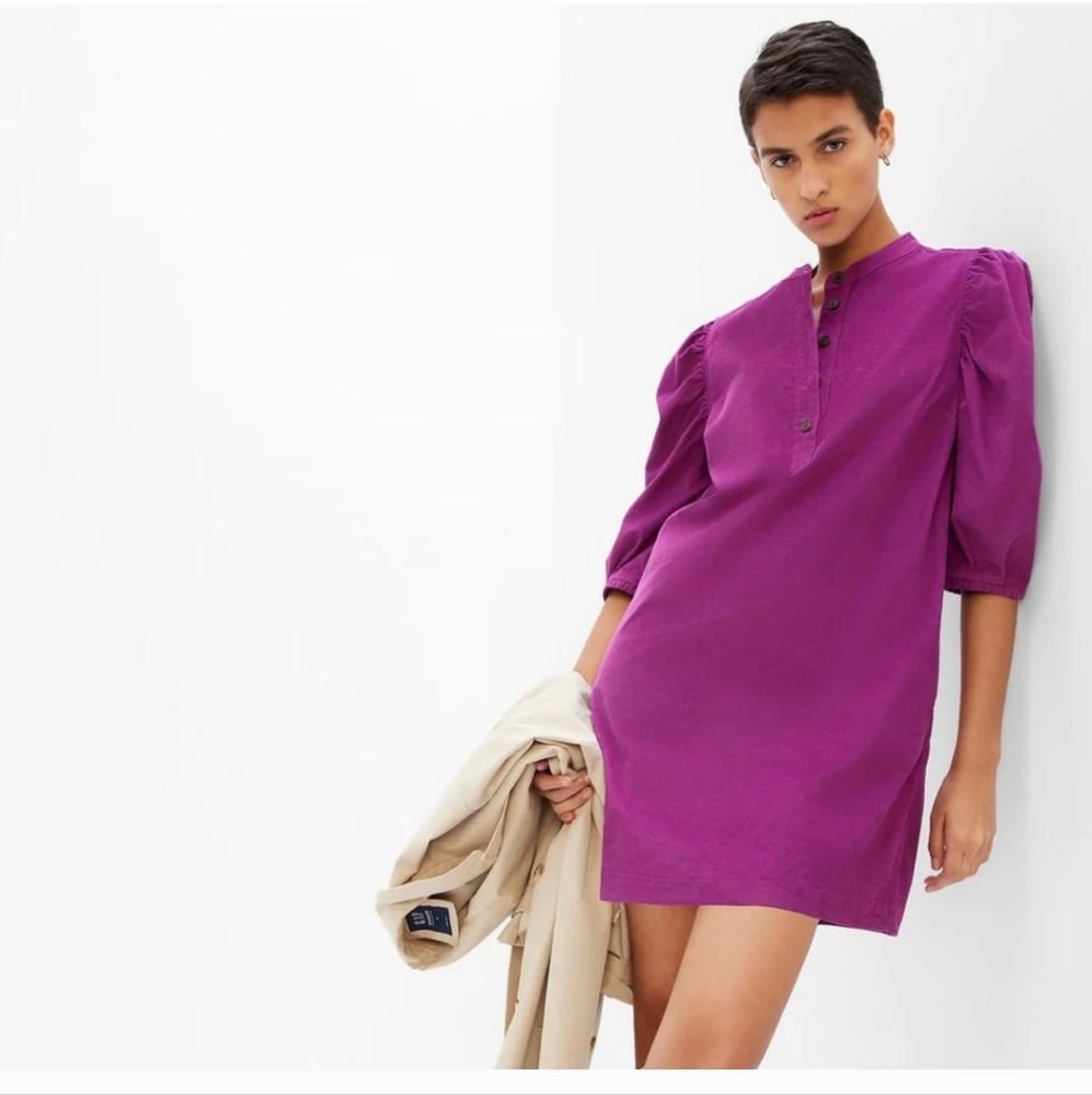 Gap Fuschia Purple 3/4 Puff Sleeve Corduroy Henley Button Mini Dress